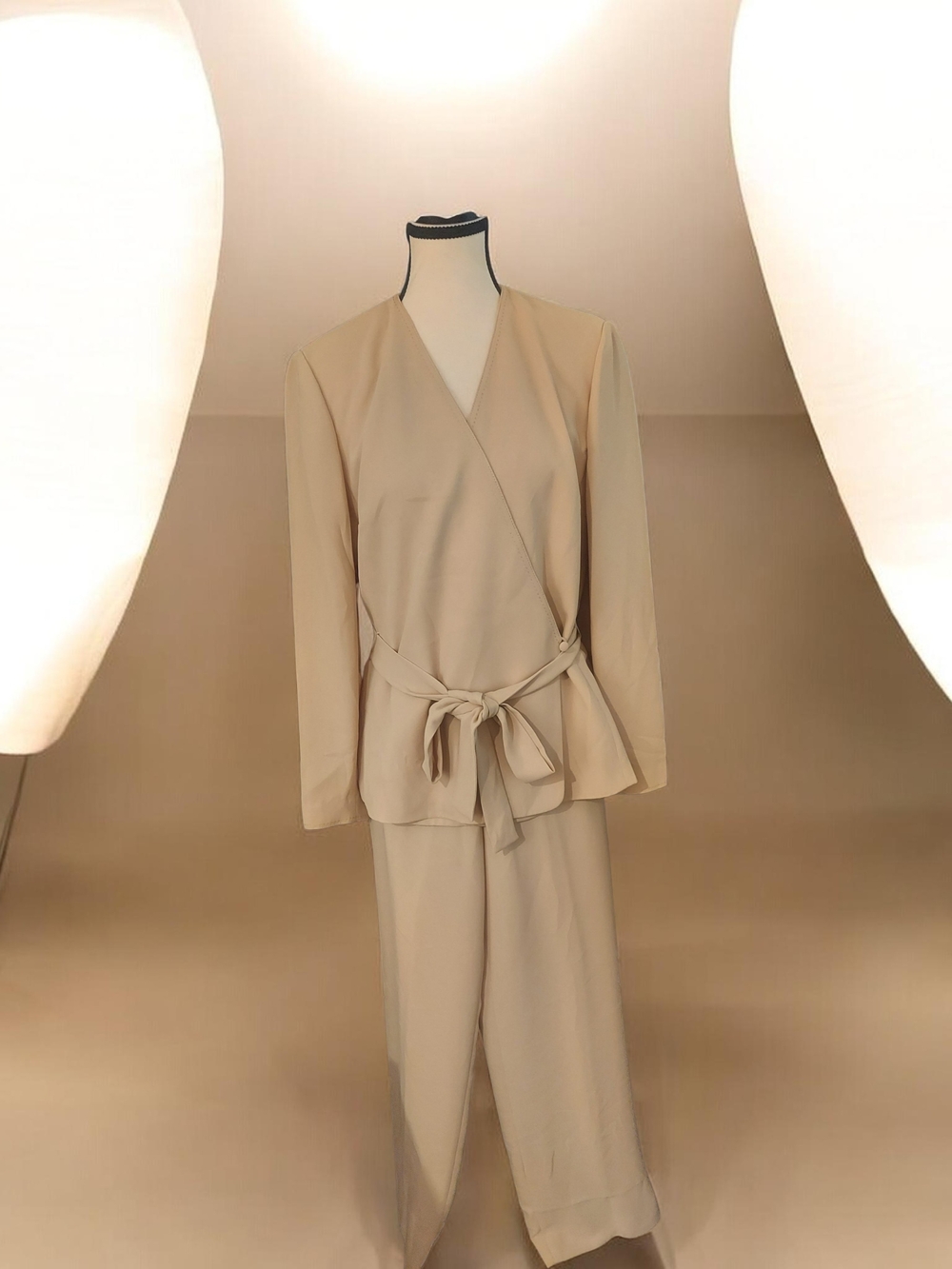 Donna Morgan Beige Wrap Blazer & Wide-Leg Pants Set